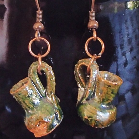 Terracotta Mexico Pottery OoaK Earrings Mini Glazed Handmade Copper Wires Rings - Picture 1 of 14